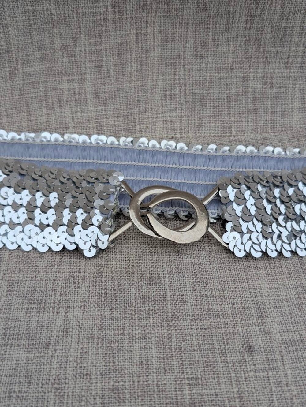 Vintage Silver Sequins Waist Belt Stretch Elastic Metal Clasp Party Clubwear OS